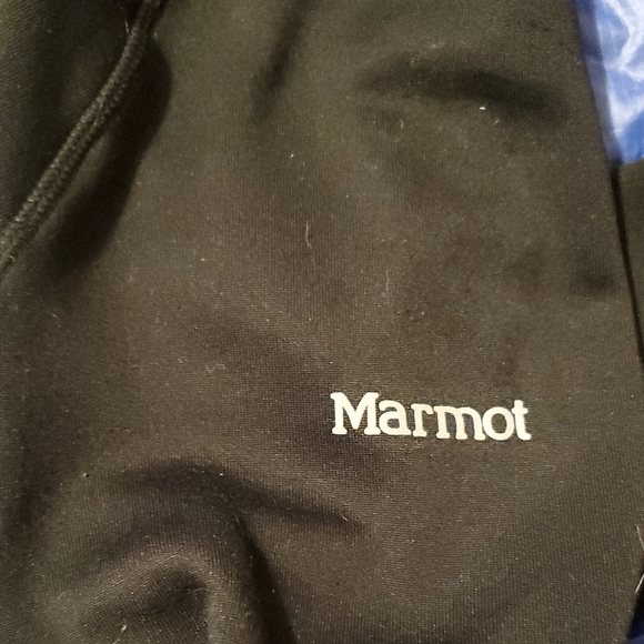 Marmot Blue and Black Hybrid Puffer Jacket with Orange Details, Zippered Pockets - Picture 8 of 11